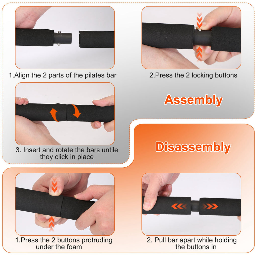 100LBS OR 180LBS Band Options - 1Pc Pilates Bar Kit Pilates Yoga Toning Bar Set Beginners Intermediates Professionals 4 Elastic Resistance Bands