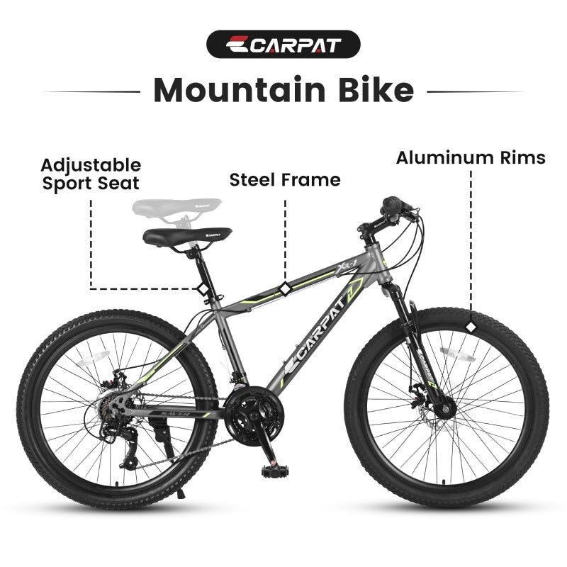 24 Inch Mountain Bike, Suitable For Boys And Girls, Steel Frame, Shimano 21 Speed Mountain Bike, With Dual Disc Brakes And Front Suspension