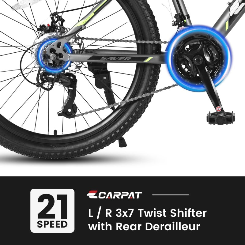 24 Inch Mountain Bike, Suitable For Boys And Girls, Steel Frame, Shimano 21 Speed Mountain Bike, With Dual Disc Brakes And Front Suspension