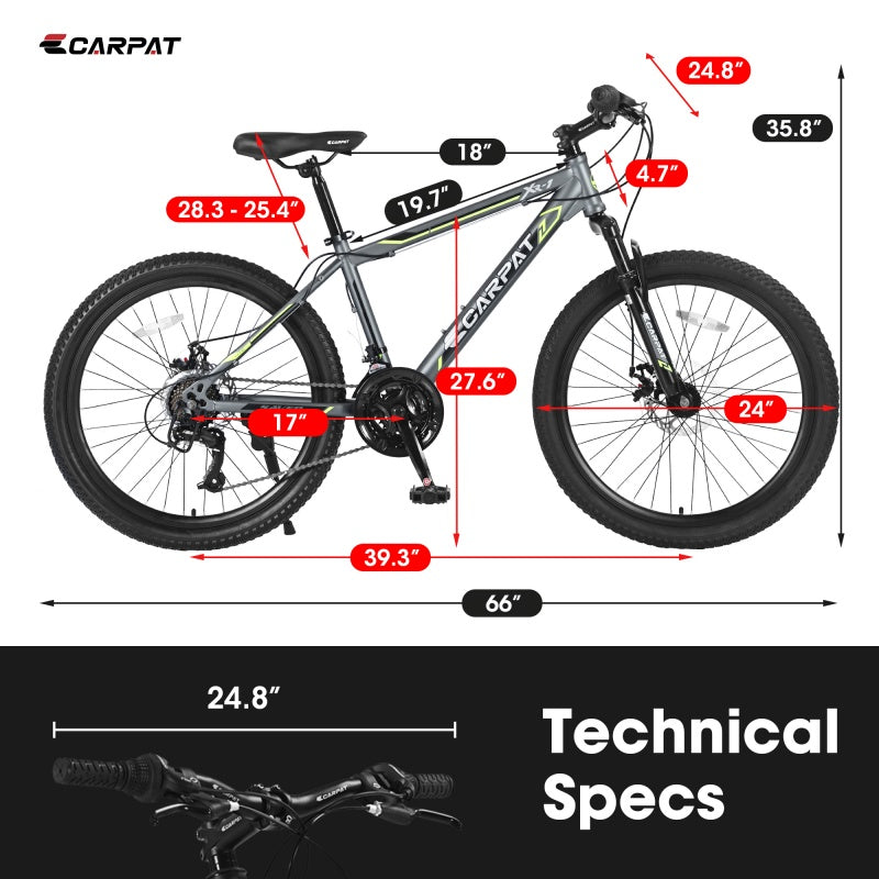 24 Inch Mountain Bike, Suitable For Boys And Girls, Steel Frame, Shimano 21 Speed Mountain Bike, With Dual Disc Brakes And Front Suspension