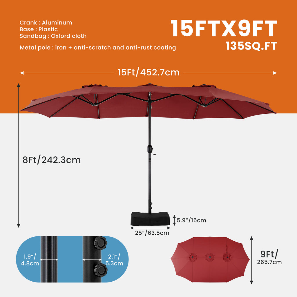 15ft Large Patio Umbrella With Base Included, Rectangle Table Umbrella Outdoor Patio, Outside Umbrellas For Deck, Market, Backyard