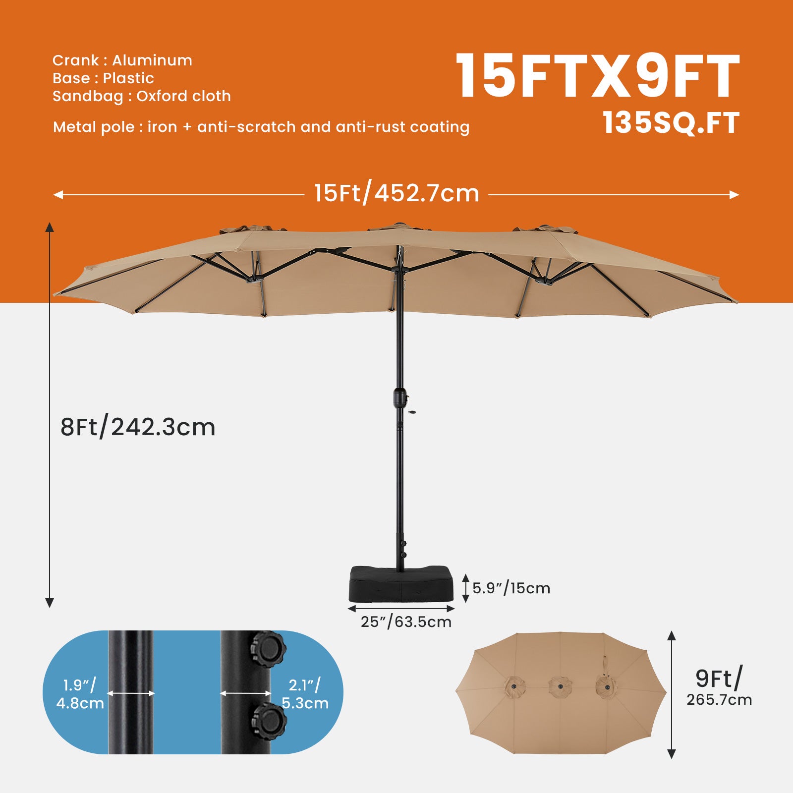 15ft Large Patio Umbrella With Base Included, Rectangle Table Umbrella Outdoor Patio, Outside Umbrellas For Deck, Market, Backyard