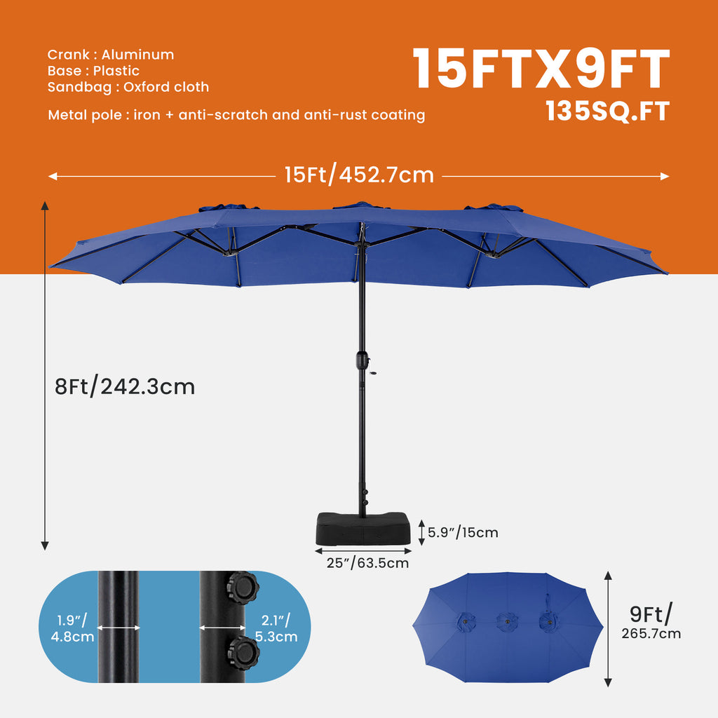 15ft Large Patio Umbrella With Base Included, Rectangle Table Umbrella Outdoor Patio, Outside Umbrellas For Deck, Market, Backyard