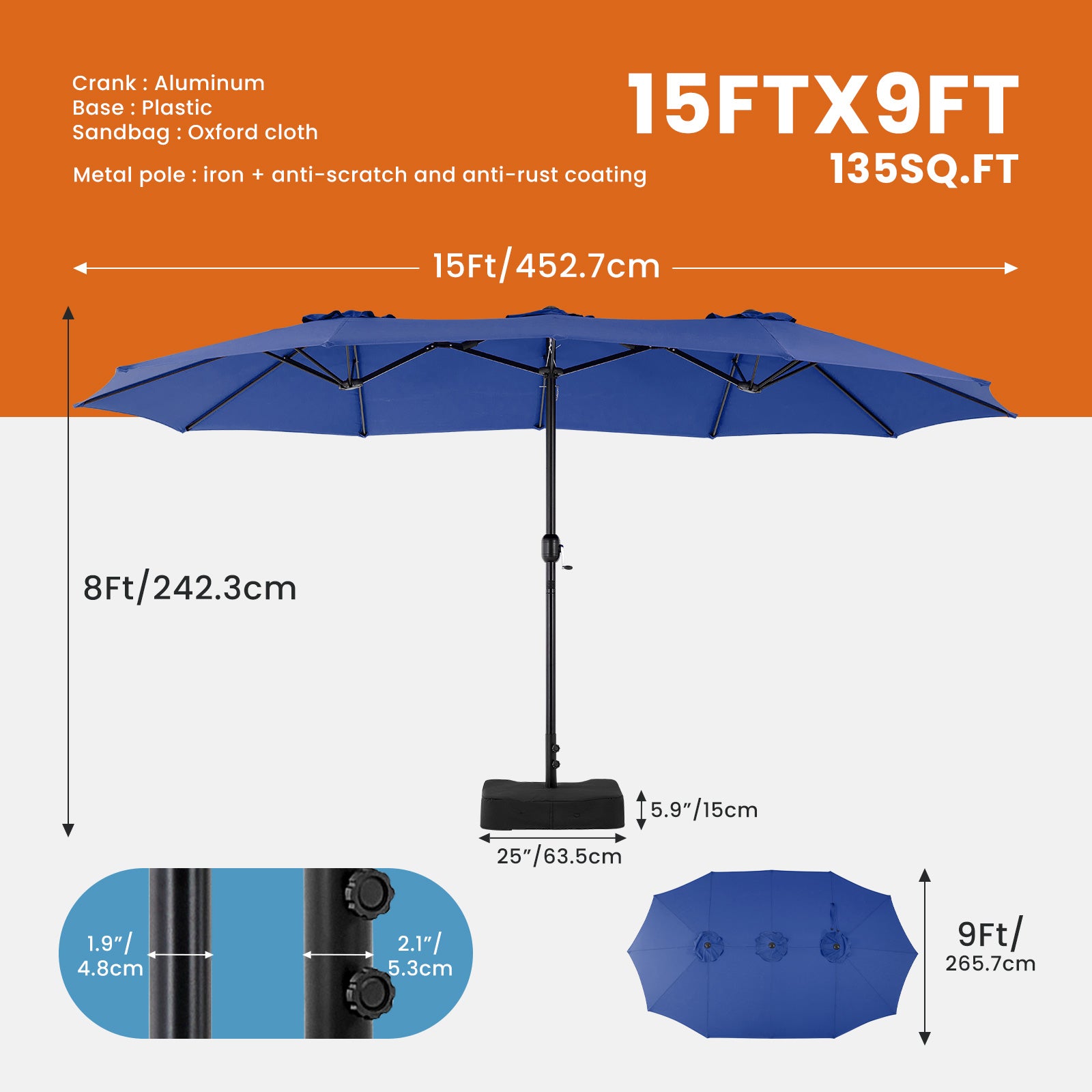 15ft Large Patio Umbrella With Base Included, Rectangle Table Umbrella Outdoor Patio, Outside Umbrellas For Deck, Market, Backyard