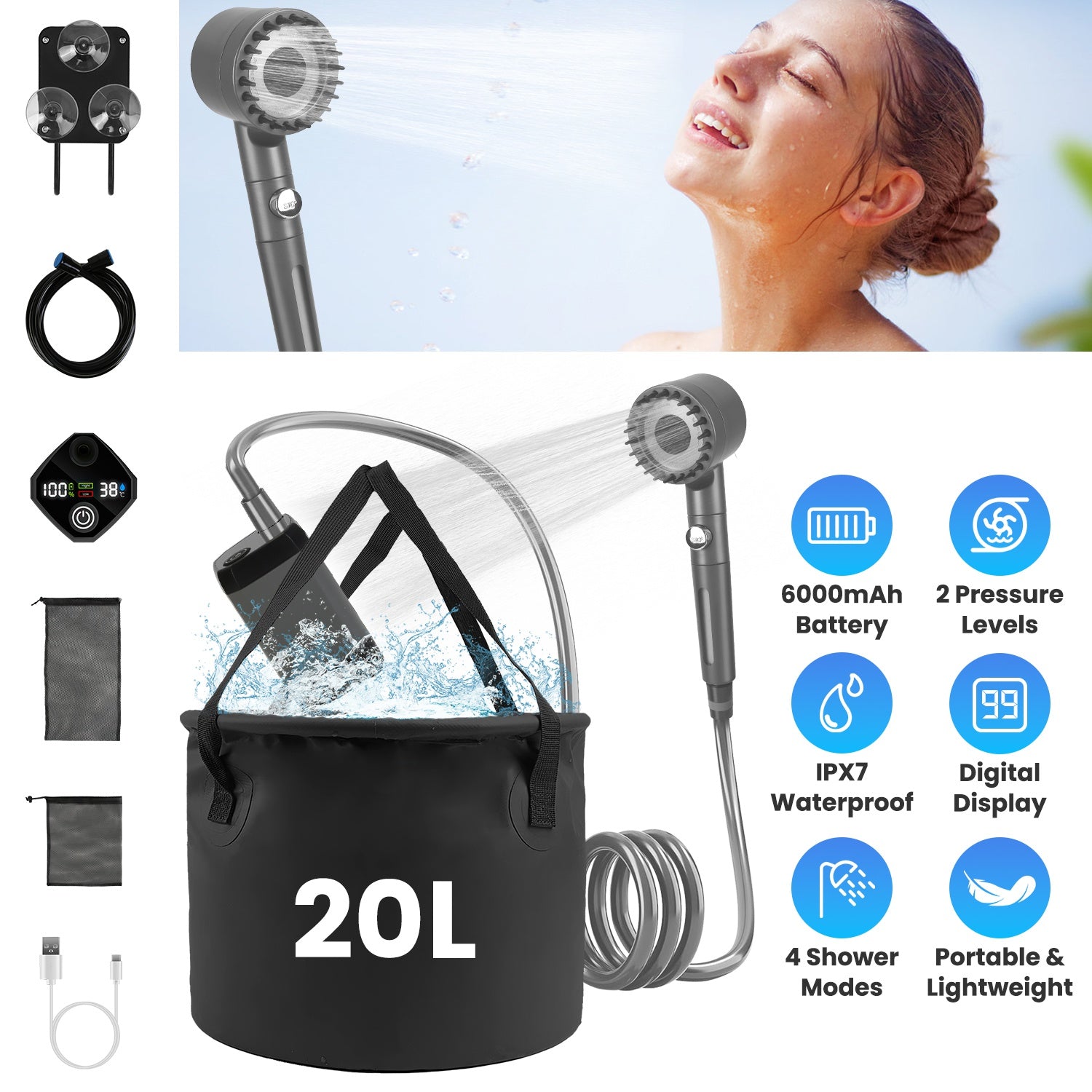 1Pc Portable Shower For Camping Include IPX7 Waterproof 6000mAh Rechargeable Shower Filtered Shower Head 5.3Gallon Foldable Bucket For Hiking