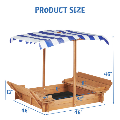 46 Inches Wooden Sandbox With 2 Foldable Benches,