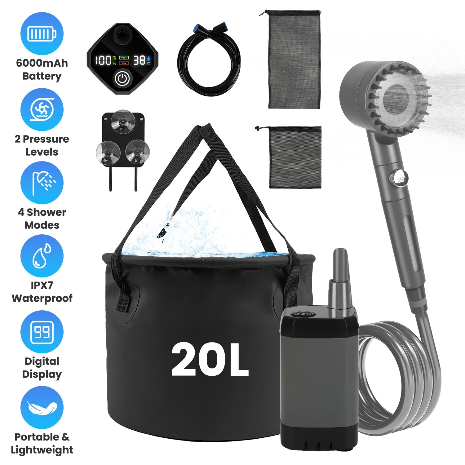 1Pc Portable Shower For Camping Include IPX7 Waterproof 6000mAh Rechargeable Shower Filtered Shower Head 5.3Gallon Foldable Bucket For Hiking