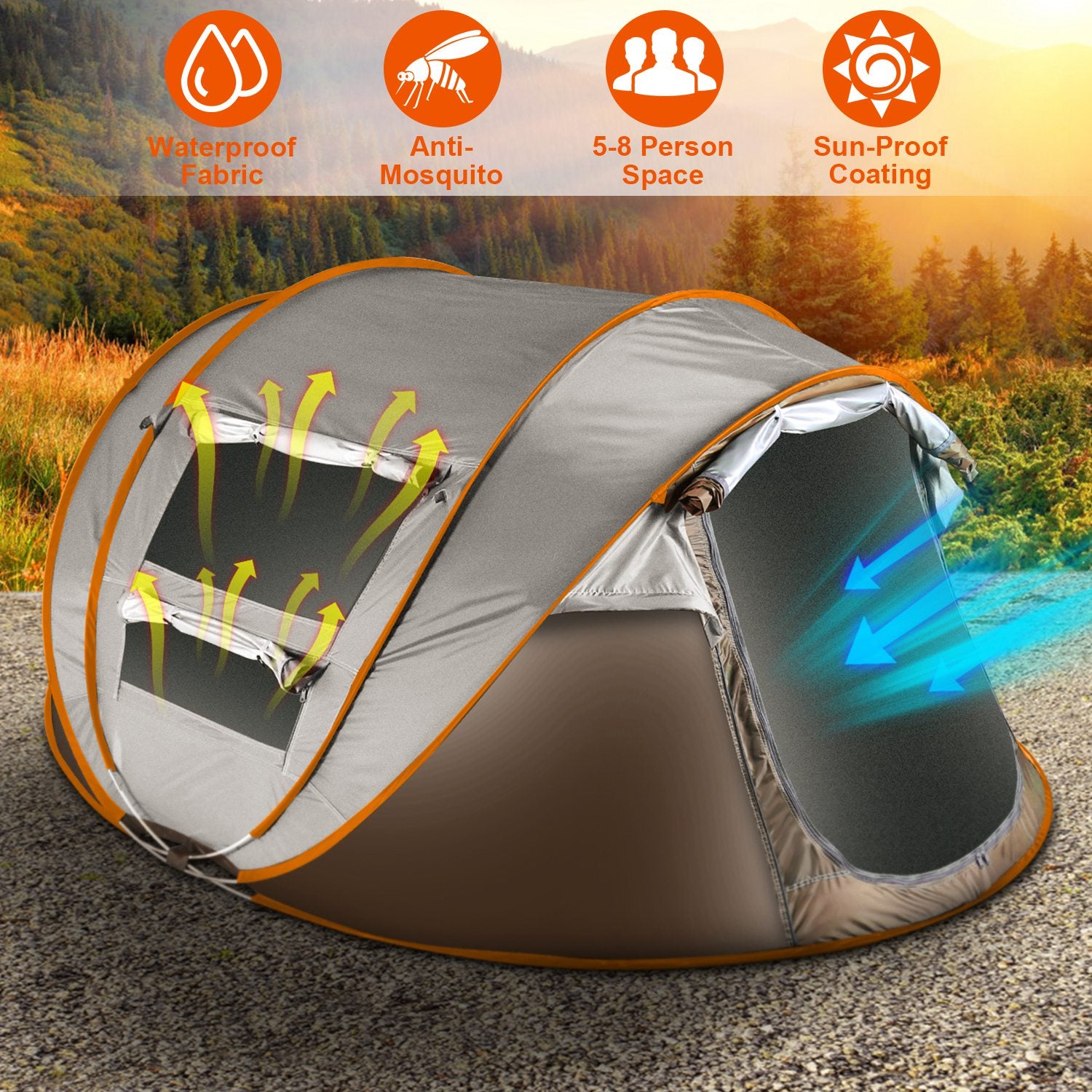 1Pc 5-8 Person Tent Automatic Setup Camping Tent Waterproof Instant Setup Tent With 4 Mosquito Net Windows Carrying Bag
