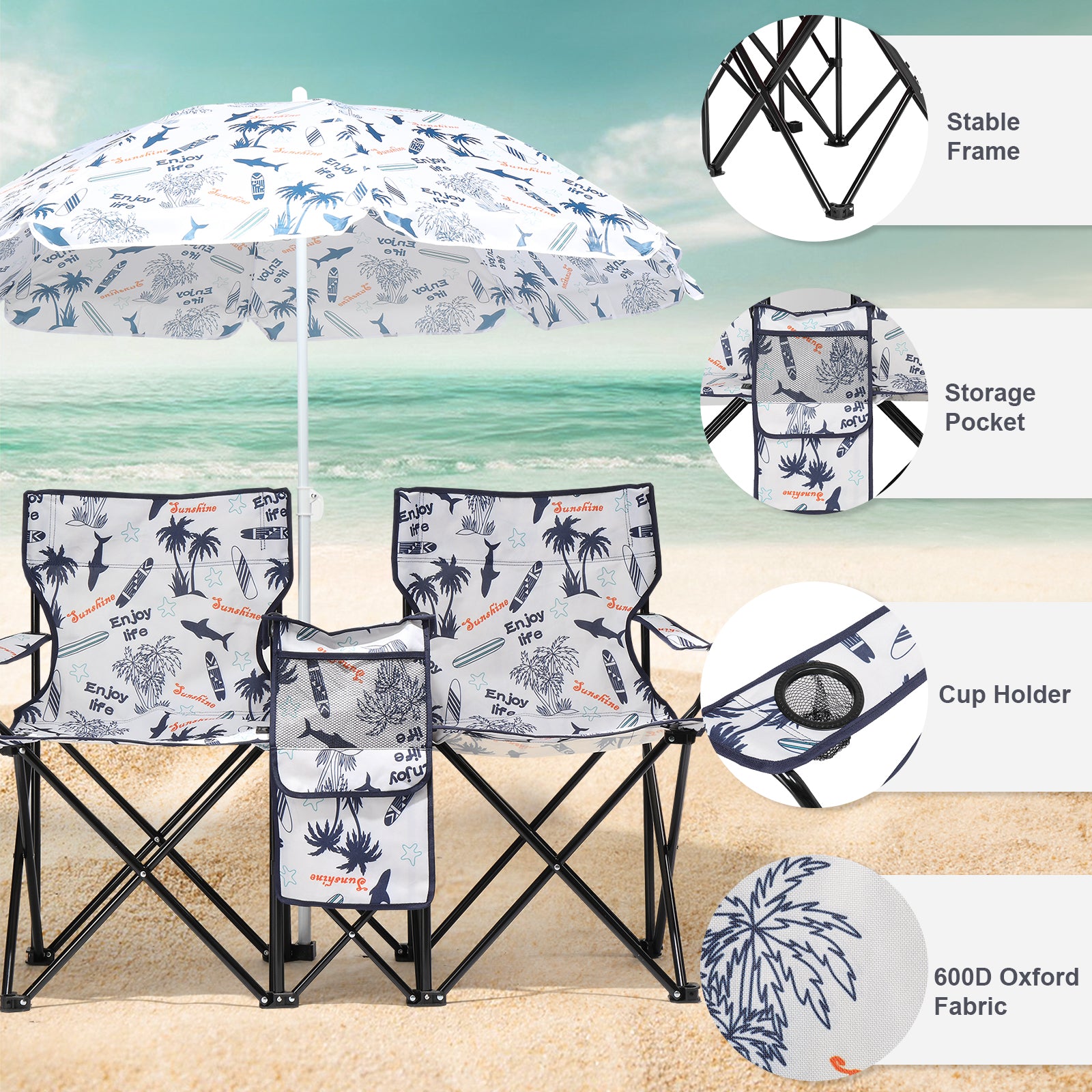59x19.6x31in, Coconut Tree Pattern, Fishing Chair With Parasol, Camping Chairs