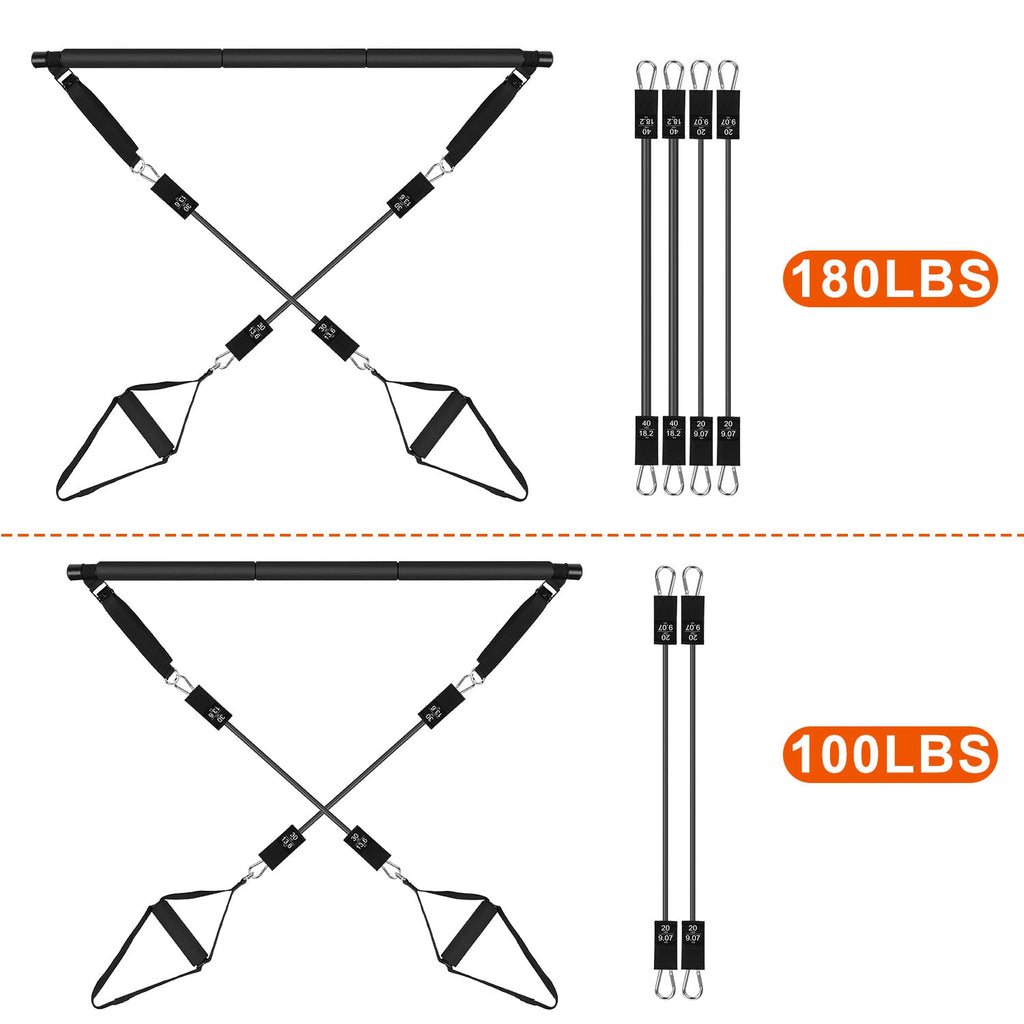 100LBS OR 180LBS Band Options - 1Pc Pilates Bar Kit Pilates Yoga Toning Bar Set Beginners Intermediates Professionals 4 Elastic Resistance Bands