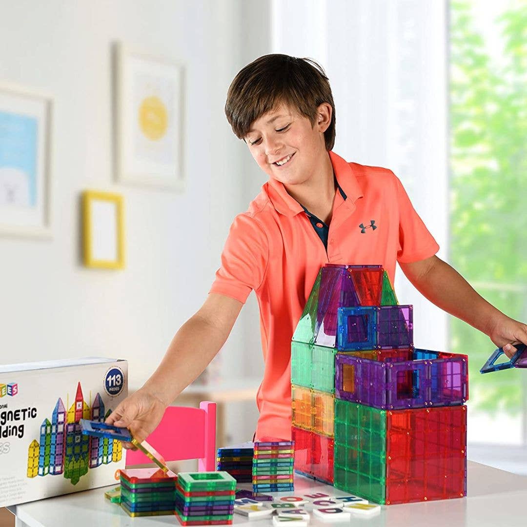 Magnetic Tiles Building Blocks 113-Piece STEM Set – Magnetic Construction Toy for Kids Ages 3-8, Gift for Boys & Girls