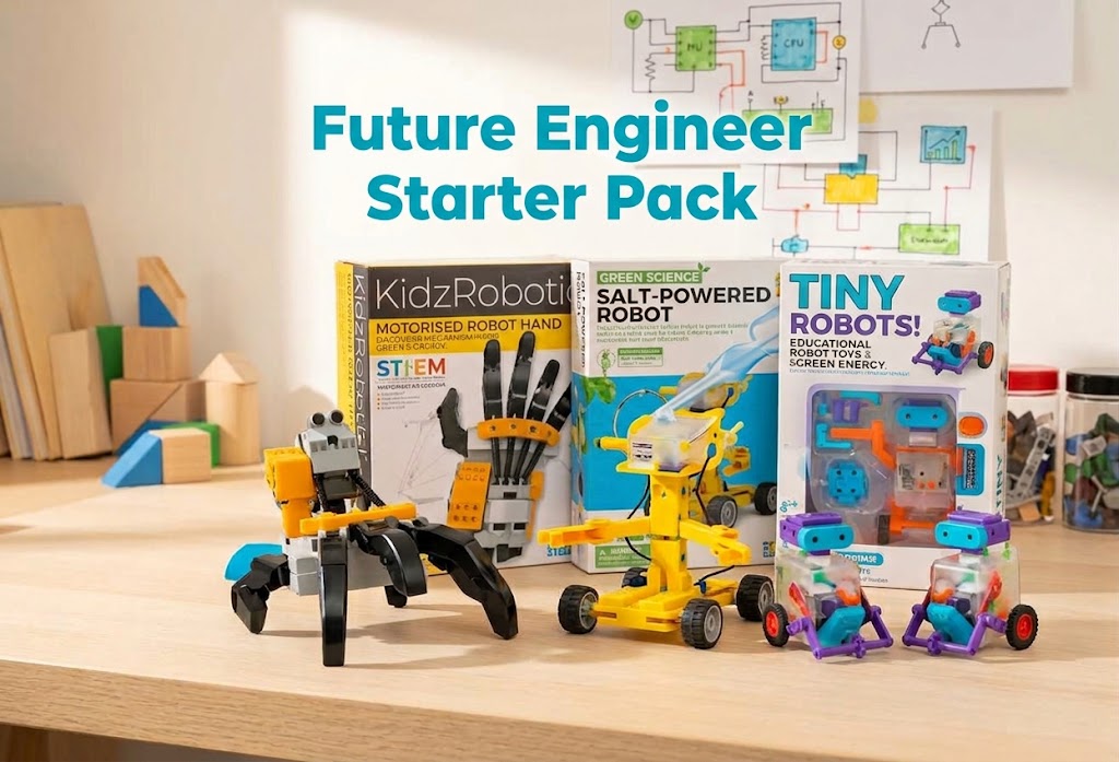 Future Engineer Starter Pack – STEM Bundle Kit for Kids Ages 8+, Motorized Robot Hand, Salt-Powered Robot & Tiny Robots, Gift for Boys & Girls