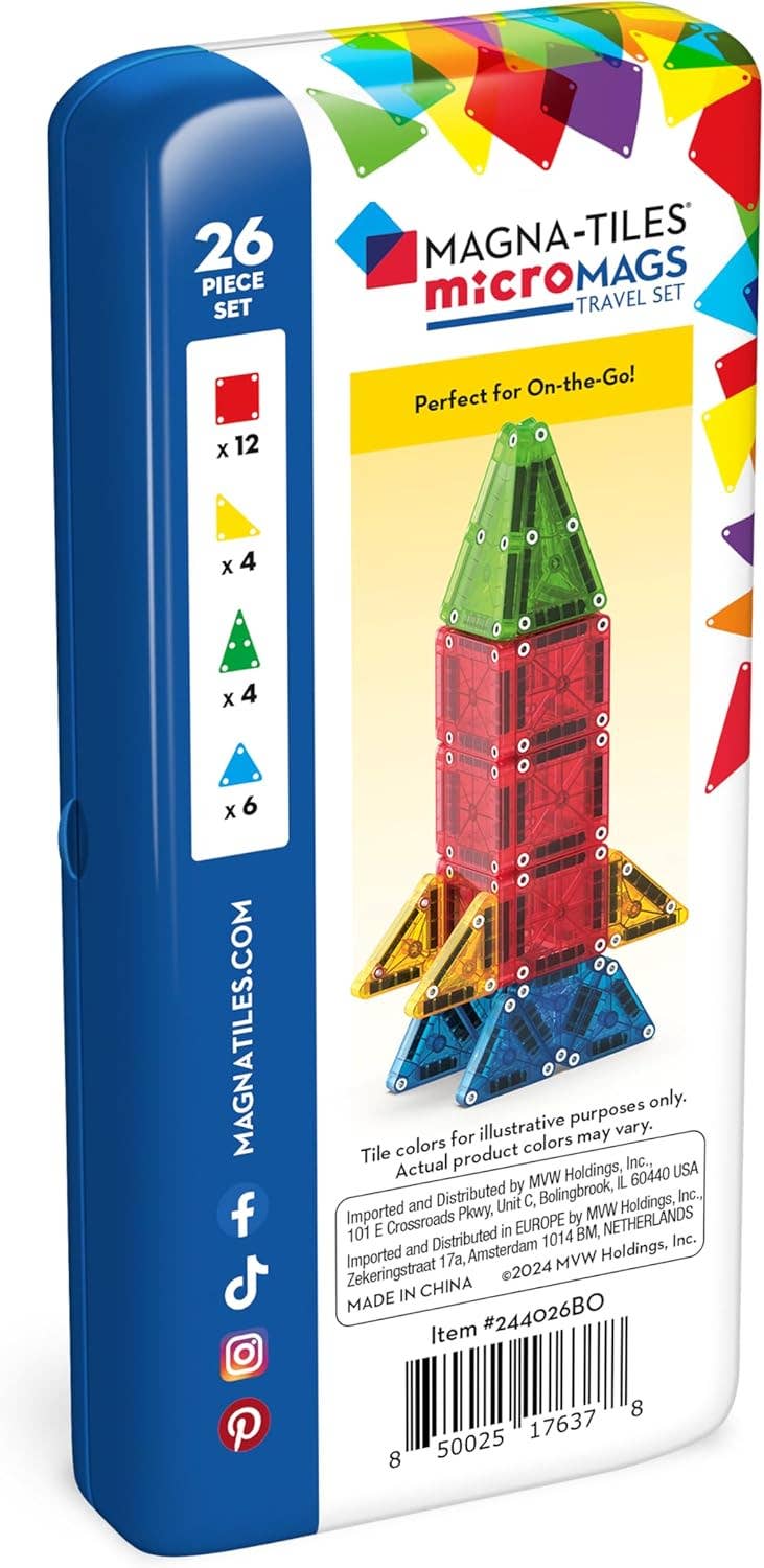 Magna-Tiles MicroMAGS 26-Piece Travel Set – Magnetic Building STEM Toy for Kids Ages 3-7, Gift for Boys & Girls