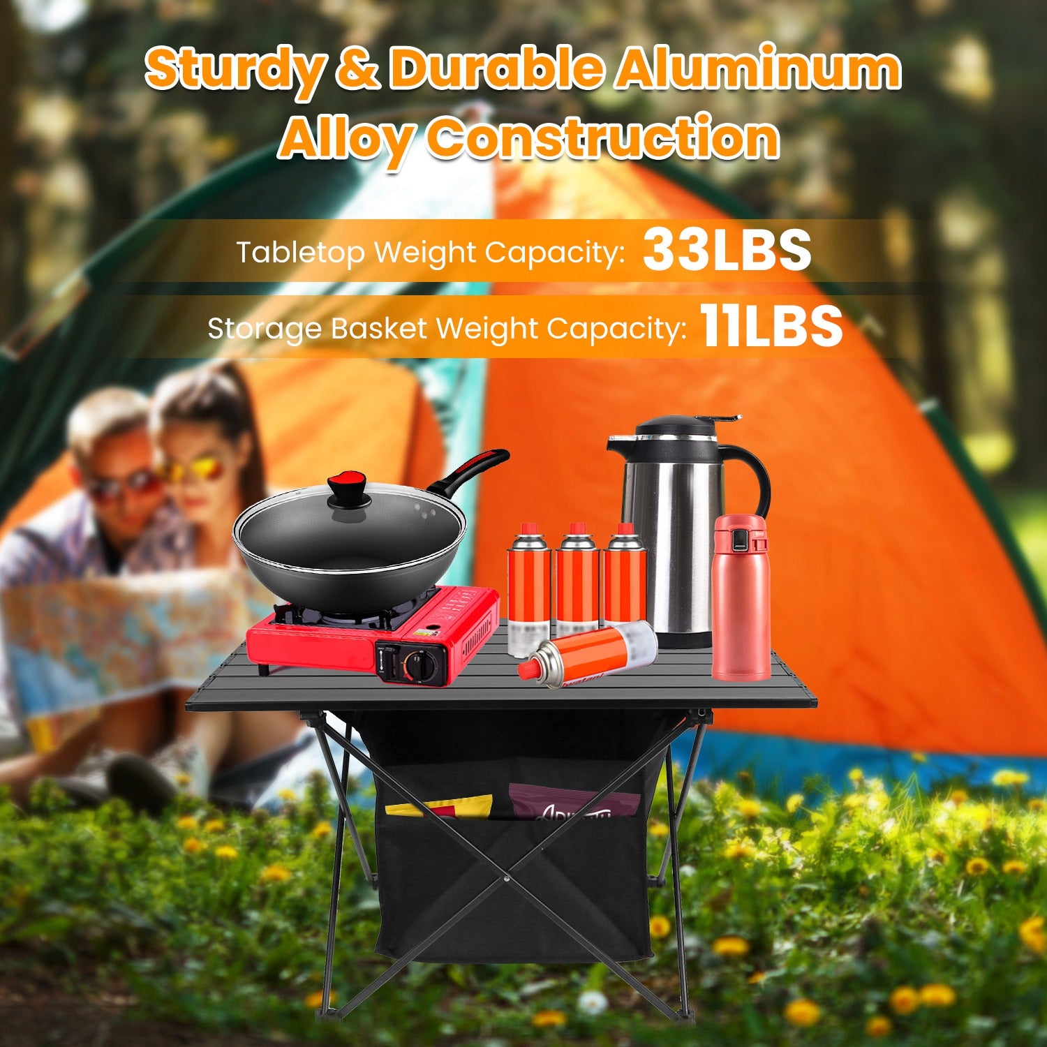 1Pc Foldable Camping Table With Storage Basket