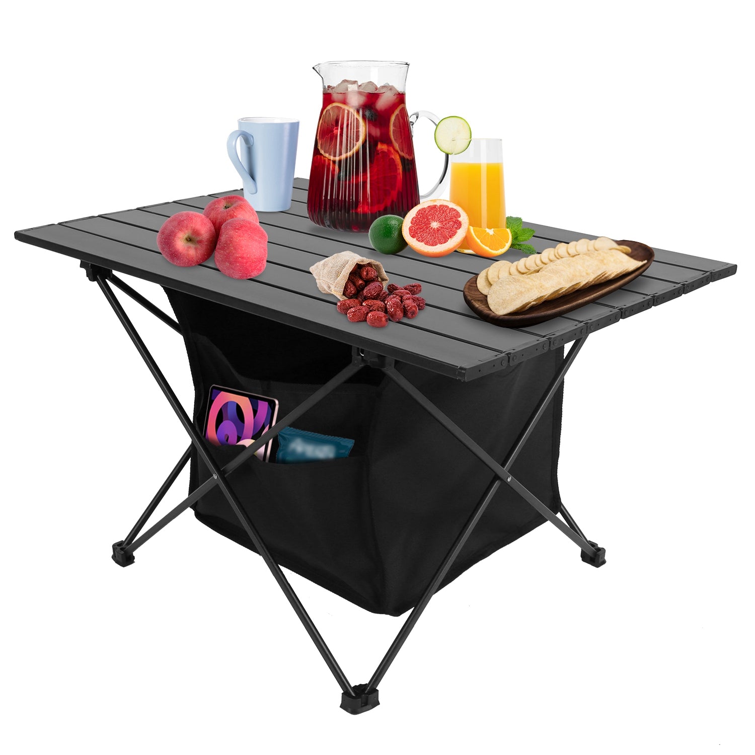 1Pc Foldable Camping Table With Storage Basket