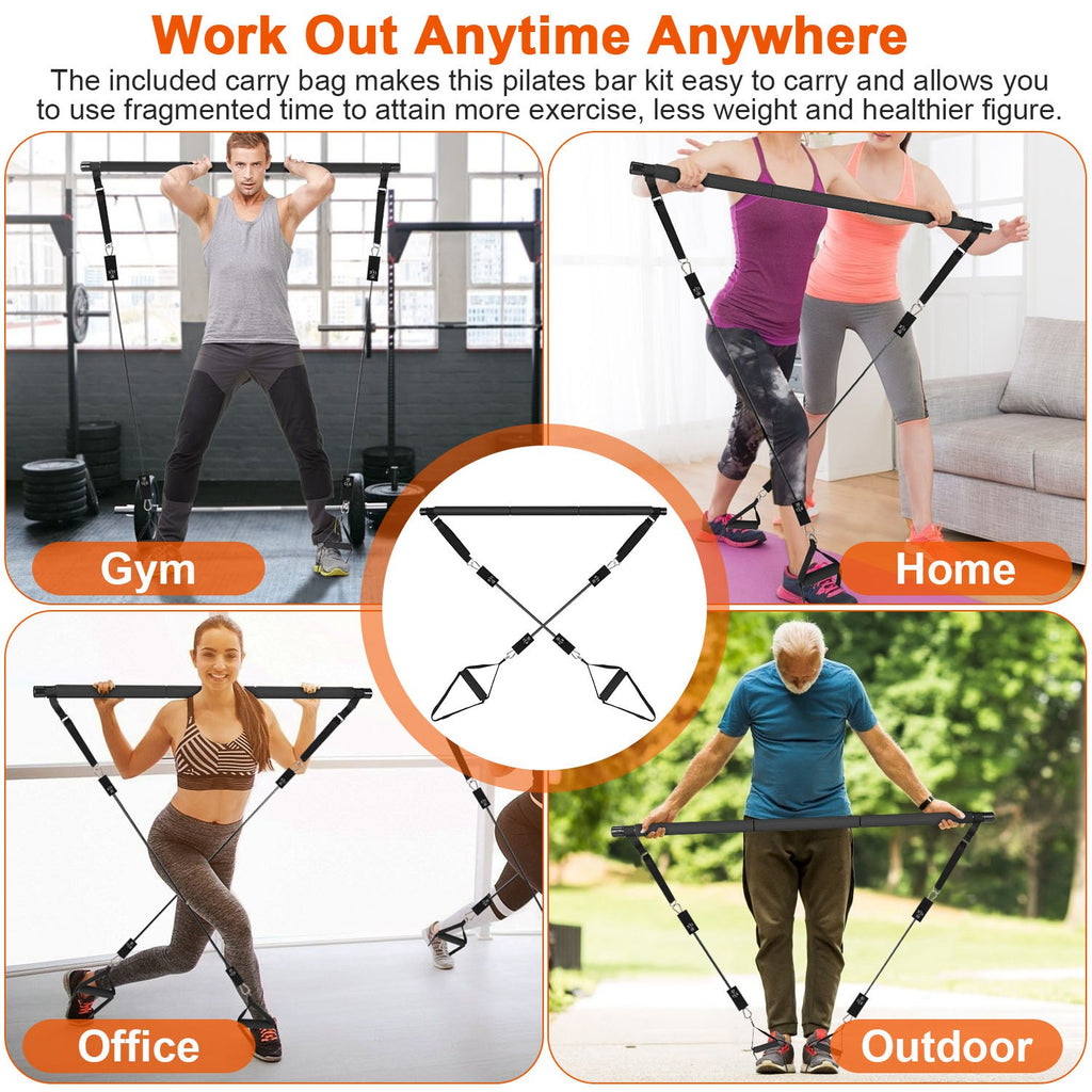 100LBS OR 180LBS Band Options - 1Pc Pilates Bar Kit Pilates Yoga Toning Bar Set Beginners Intermediates Professionals 4 Elastic Resistance Bands