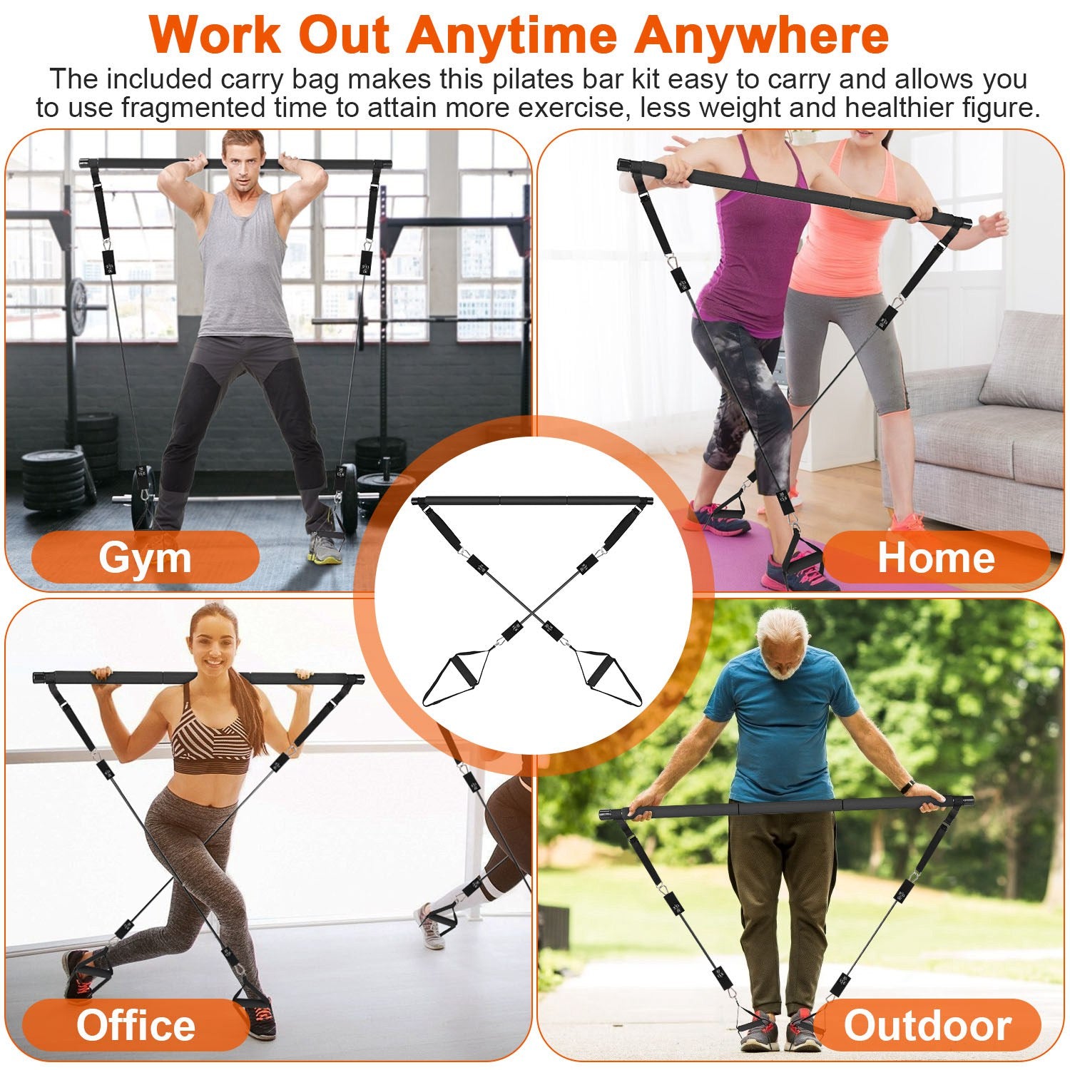 100LBS OR 180LBS Band Options - 1Pc Pilates Bar Kit Pilates Yoga Toning Bar Set Beginners Intermediates Professionals 4 Elastic Resistance Bands